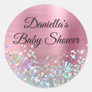 Meisjesachtig Roze Folie Holo Glitter Baby Shower Ronde Sticker