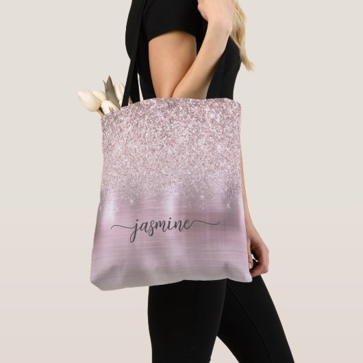 Meisjesachtig Roze Goud Glitter Roze Metaal Naam S Tote Bag (Dichtbij)