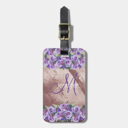 Meisjesachtig Roze Gouden Glitter Script Monogram Bagagelabel (Voorkant verticaal)