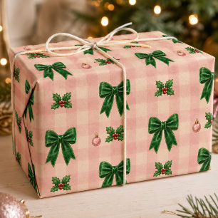 Meisjesachtig roze groen gingham kerst lint patroo cadeaupapier
