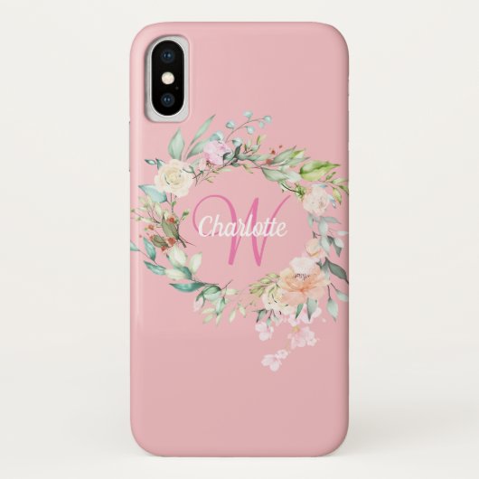 Meisjesachtig roze monogram initiaal rozen bloem Case-Mate iPhone case (Achterkant)