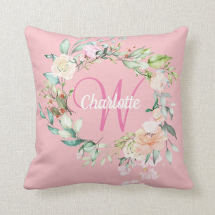 Meisjesachtig roze monogram initiaal Zoete zomerro Kussen