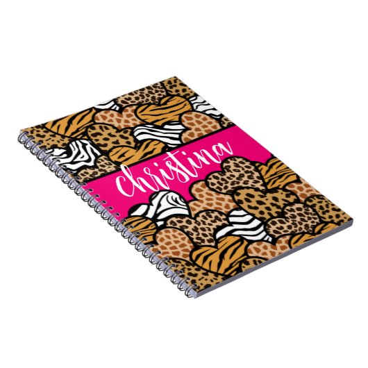 Meisjesachtig Roze Speelse Dierenprint Harten Naam Notitieboek (Rechterzijde)