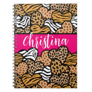 Meisjesachtig Roze Speelse Dierenprint Harten Naam Notitieboek