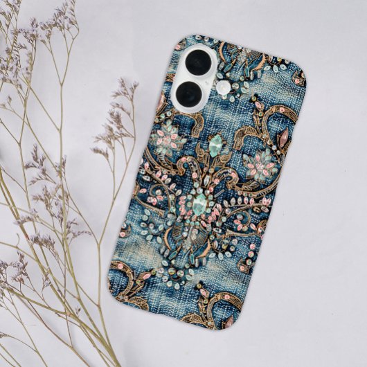 Meisjesachtig Roze Turquoise Steen Blauwe Denim  Case-Mate iPhone Case