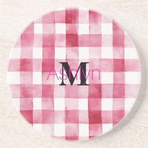 Meisjesachtig Roze Witte Geruite Strepen Monogram Zandsteen Onderzetter