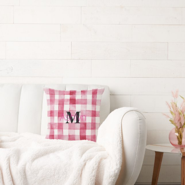 Meisjesachtig roze witte ruit strepen monogram kussen (Bank)