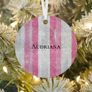 Meisjesachtig Roze Zilveren Strepen Glitter Kerstm Metalen Ornament
