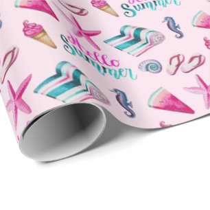 Meisjesachtig Roze Zomer Strand Watercolor Patroon Cadeaupapier