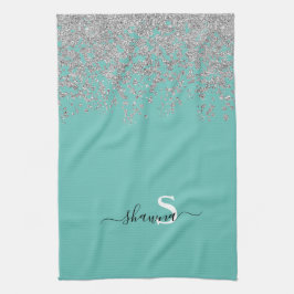 Meisjesachtig Zilver en Turquoise Monogram Aqua Gl Theedoek