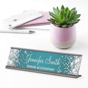 Meisjesachtig Zilver Glitter Donker Turquoise Grad Bureau Naambordje