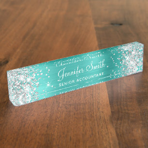Meisjesachtig zilver glitter helder turquoise foli naambordje