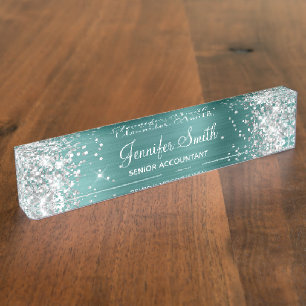 Meisjesachtig Zilver Glitter Nep Aqua Teal Folie Naambordje