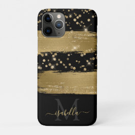 Meisjesachtig zwart goud glitter script monogram Case-Mate iPhone case