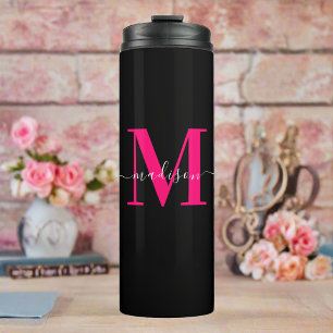 Meisjesachtig zwart & vet roze monogram initiaal thermosbeker