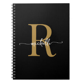 Meisjesachtig Zwarte Gouden Moderne Script Monogra Notitieboek