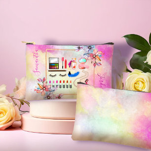 Meisjesachtige bloemen en marmeren roze make-up  etui