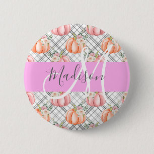 Meisjesachtige bloemige grijze roze perzik pompoen ronde button 5,7 cm