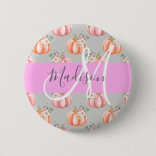 Meisjesachtige bloemige grijze roze perzik pompoen ronde button 5,7 cm (Voorkant)