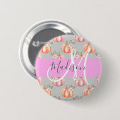 Meisjesachtige bloemige grijze roze perzik pompoen ronde button 5,7 cm (Voorkant /achterkant)