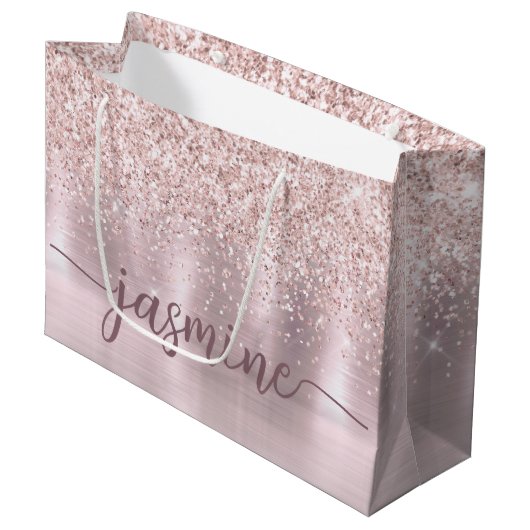 Meisjesachtige Blush Roze Gouden Glitter Monogram Groot Cadeauzakje (Voorkant Gekanteld)