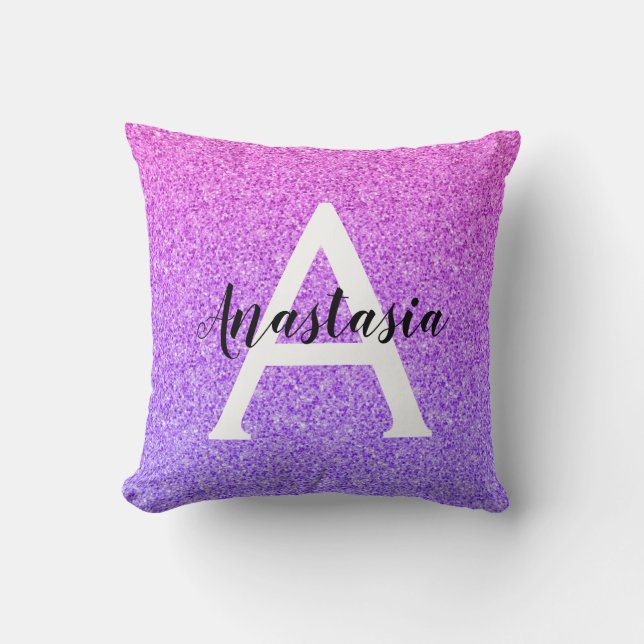 Meisjesachtige Glam Ombre Paarse Glitters Monogram Kussen (Voorkant)