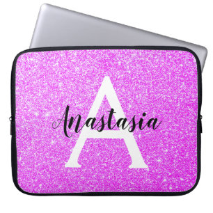 Meisjesachtige Glam Paarse Glitters Glans Monogram Laptop Sleeve