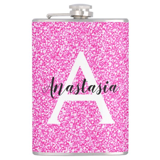 Meisjesachtige Glam Roze Glitter Glans Monogram Na Heupfles (Voorkant)
