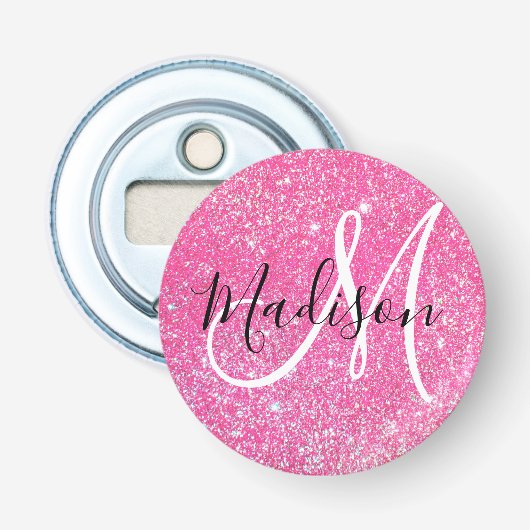 Meisjesachtige Glam Roze Glitters Glans Monogram N Button Flesopener (Voorkant)