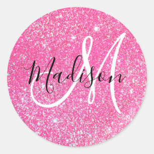 Meisjesachtige Glam Roze Glitters Glans Monogram N Ronde Sticker