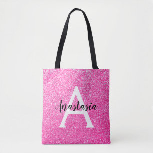Meisjesachtige Glam Roze Glitters Glans Monogram N Tote Bag