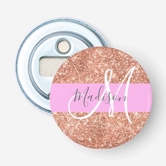 Meisjesachtige Glam Roze Perzik Goud Glitter Monog Button Flesopener (Voorkant)