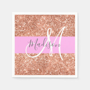 Meisjesachtige Glam Roze Perzik Goud Glitter Monog Servet