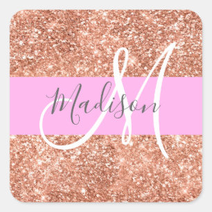 Meisjesachtige Glam Roze Perzik Goud Glitter Monog Vierkante Sticker