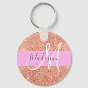 Meisjesachtige Glam Roze Perzik Gouden Glitter Mon Sleutelhanger