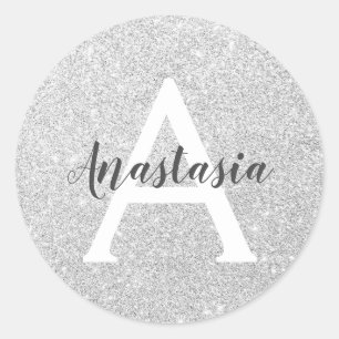 Meisjesachtige Glam Zilveren Glitter Glans Monogra Ronde Sticker
