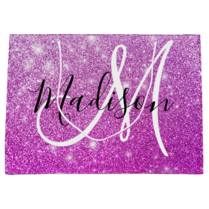 Meisjesachtige & glamoureuze paarse glitter monogr groot cadeauzakje