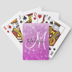 Meisjesachtige & glamoureuze paarse glitter monogr pokerkaarten