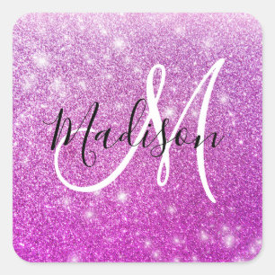 Meisjesachtige & glamoureuze paarse glitter monogr vierkante sticker