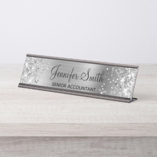 Meisjesachtige Glitterende Nep Zilver Folie Bureau Naambordje