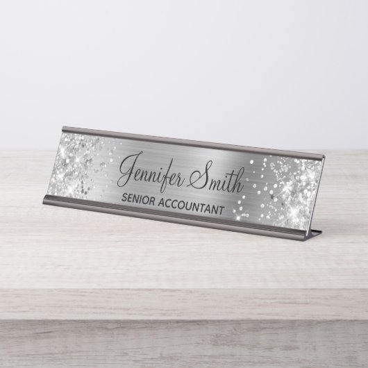 Meisjesachtige Glitterende Nep Zilver Folie Bureau Naambordje (Voorkant)