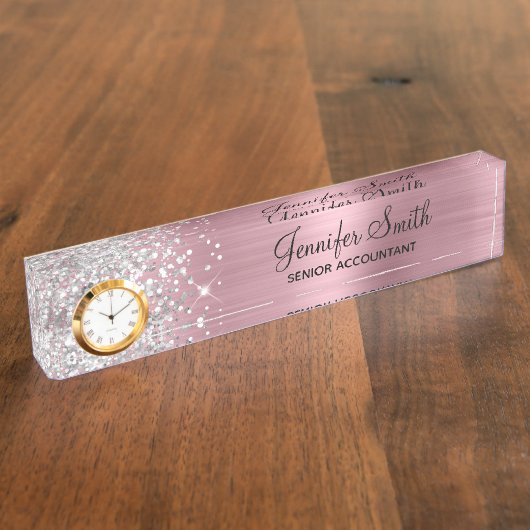 Meisjesachtige Glitterige Zilver Roze Glam Naambordje (Zijkant)