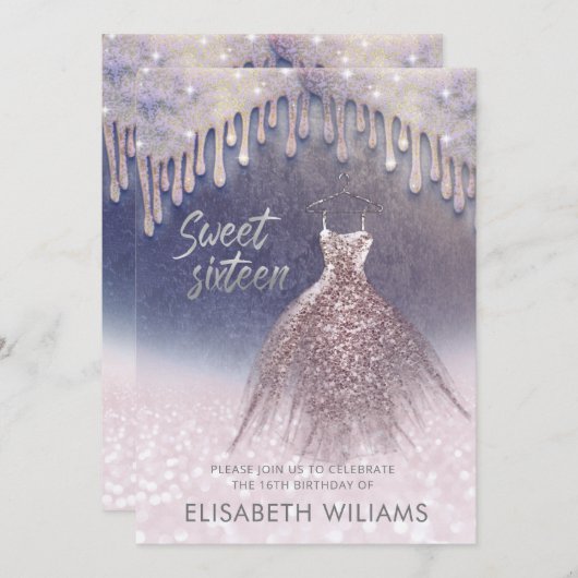 Meisjesachtige jurk druipt van roze gouden glinste kaart (Voorkant / Achterkant)