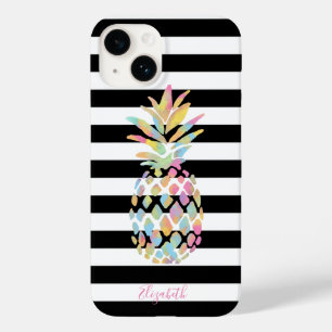 Meisjesachtige Kleurrijke Ananas, Zwarte Witte Str Case-Mate iPhone 14 Hoesje