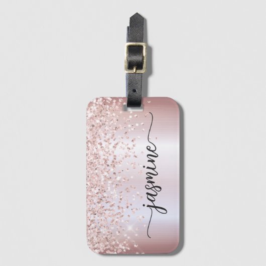 Meisjesachtige Metal Roze Gouden Glitter Monogram  Bagagelabel (Voorkant (verticaal))