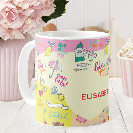 Meisjesachtige pastelroze Kawaii Doodle Koffiemok