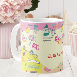 Meisjesachtige pastelroze Kawaii Doodle Koffiemok