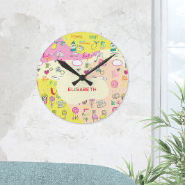 Meisjesachtige pastelroze Kawaii Doodle Ronde Klok