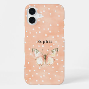 Meisjesachtige perzik witte stippen vlinder   iPhone 16 plus hoesje