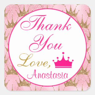 Meisjesachtige Prinses Roze en Gouden Glitter Dank Vierkante Sticker